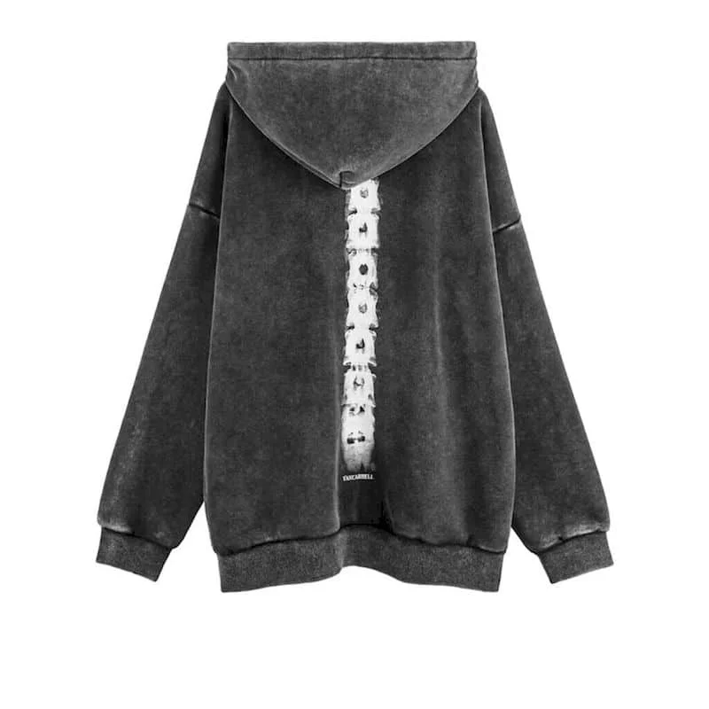Oversized Hoodies Women Washed Olded Skeleton Print Hooded