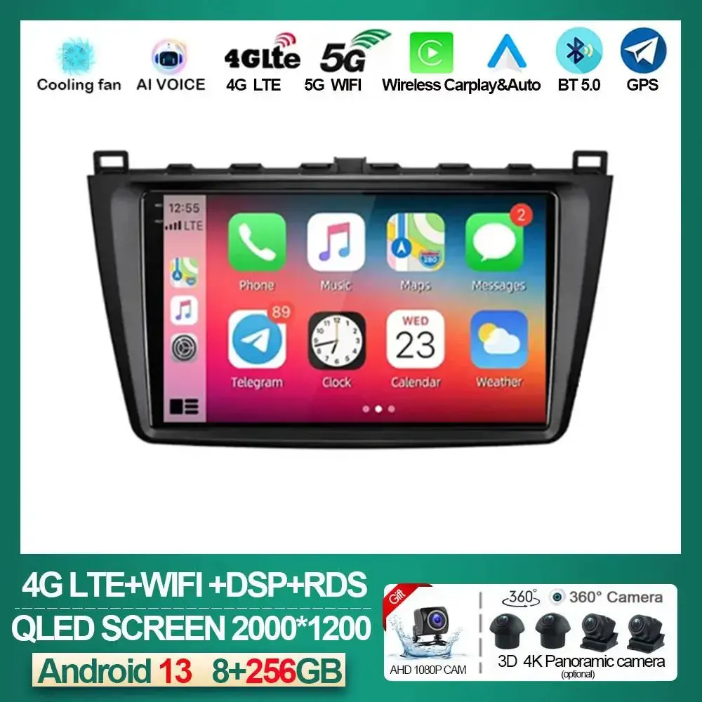 

9" 4G Carplay Android 13 Car Radio Multimedia Player Navigation GPS For Mazda 6 Rui Wing 2007 - 2012 Head Unit Support BOSE