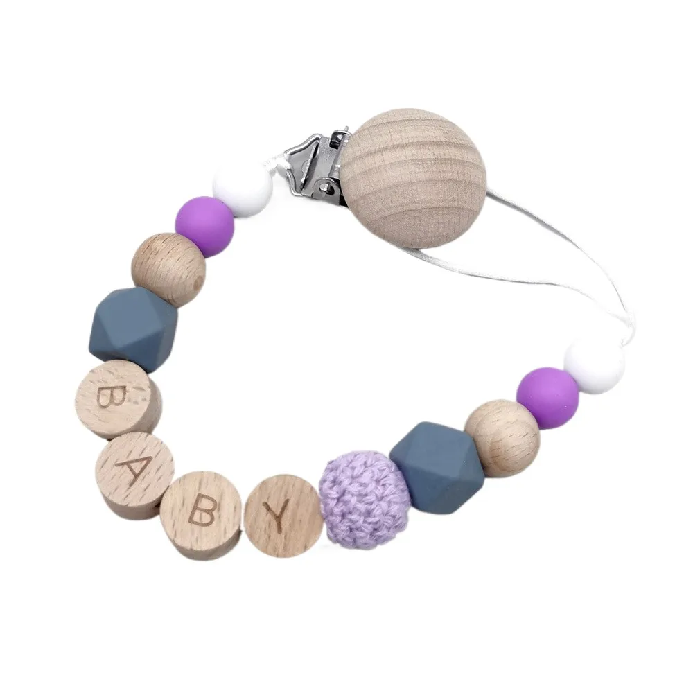 Personalized Name Pacifier Clips Wooden Flat Beads Handmade Toddler Teething Soother Chain Nipple Clip Dummy Holder