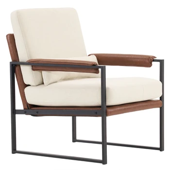 Single Iron Frame Chair Soft Cover Beige Brown Honeycomb Leather Armrest Frame Indoor Leisure Chair 4