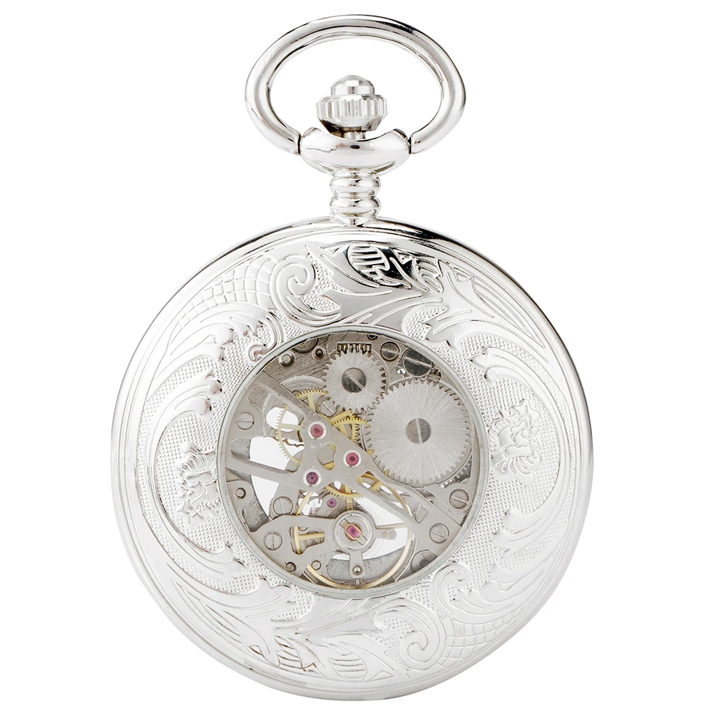 Silvery Pocket Watch with an engraved case and a circular skeleton dial that displays the intricate inner gears.