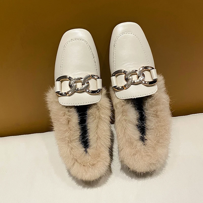 Winter Warm Slip-on Long Plush Square Toe Metal Chain Flats Loafers Luxury Furry  Lazy Espadrilles Footwear Size 35-40 6
