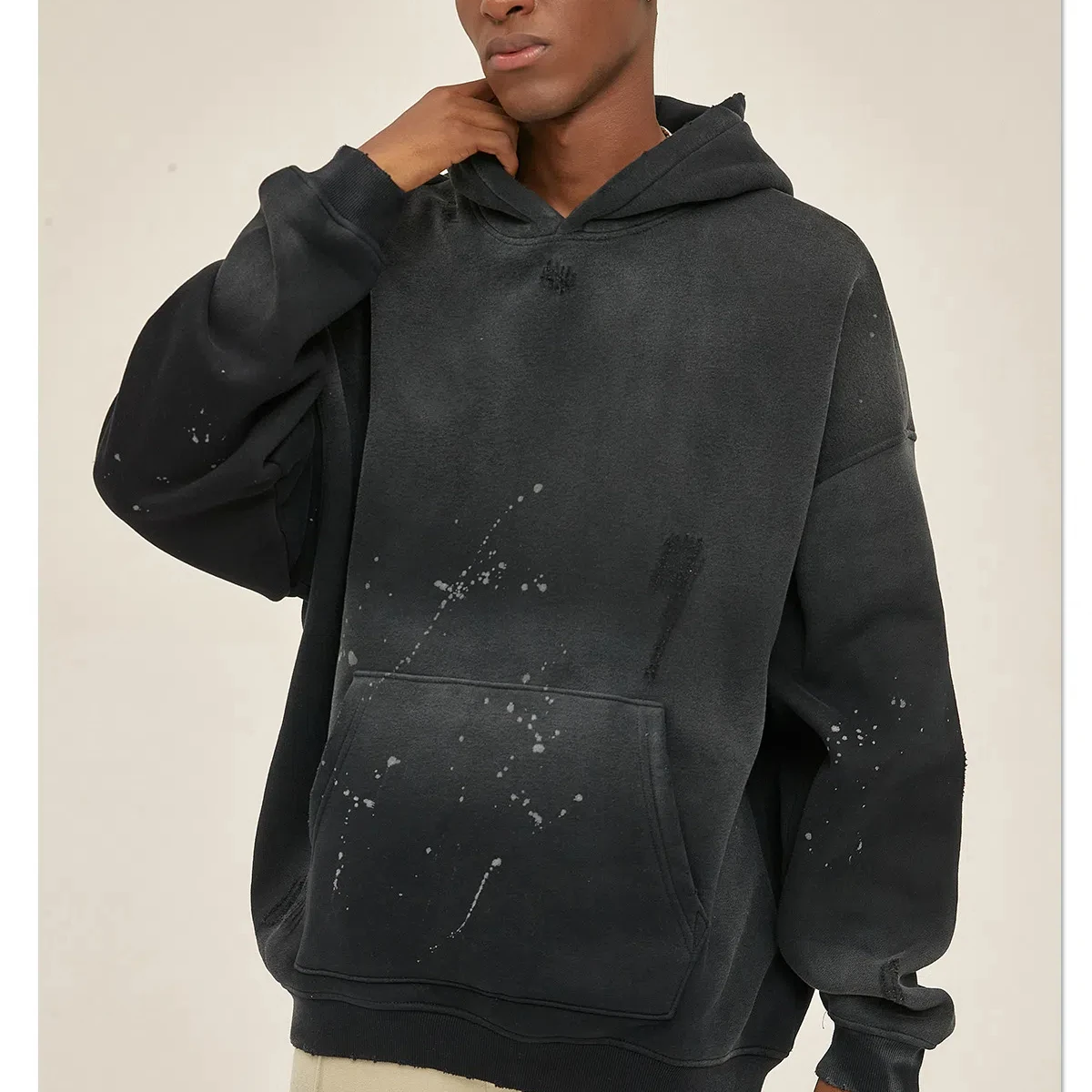 Splashed Ink Vintage Hoodies Männer Schwergewicht Streetwear Zerfetzte Kanten Übergroße Tropfen Schulter Herbst Winter Fleece Gefüttert Neue 2025 – Detail 16