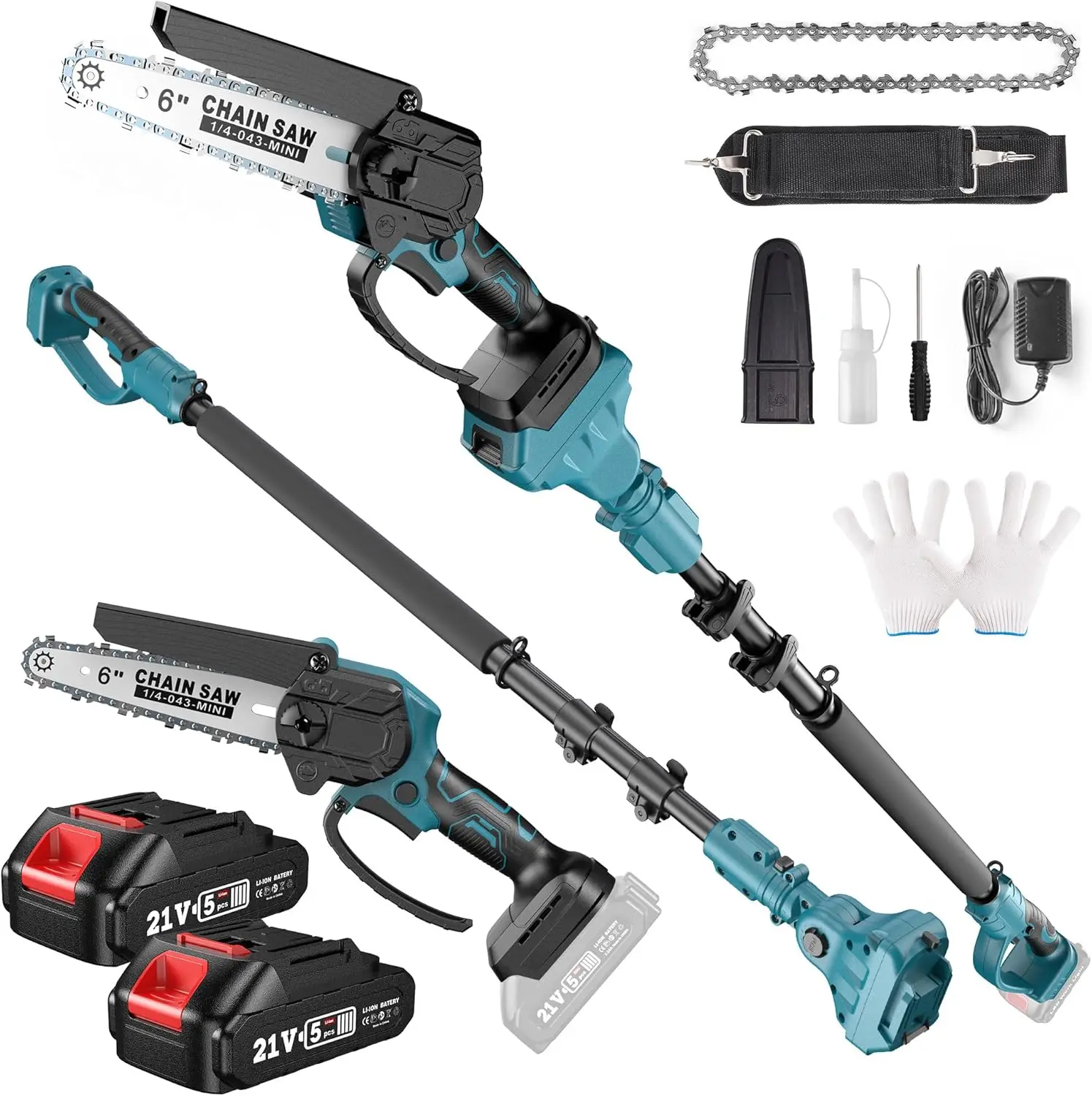 2-IN-1 Cordless Pole Saw & Mini Chainsaw 6-inch Brushless Chain Saw with 2x 2.0Ah Battery 15.5-Foot MAX Reach Pole