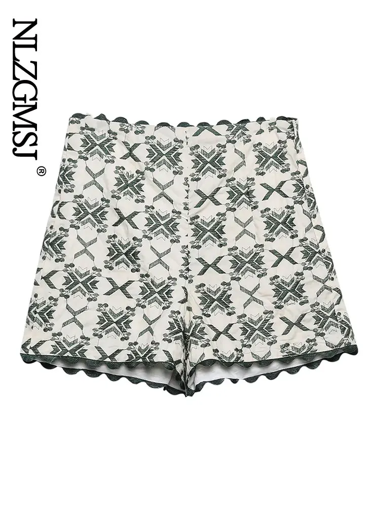 

TRAF 2023 Women Fashion Spring Summer Shorts Women Vintage High Waist Side Zipper Female Embroidery Shorts Mujer 202304