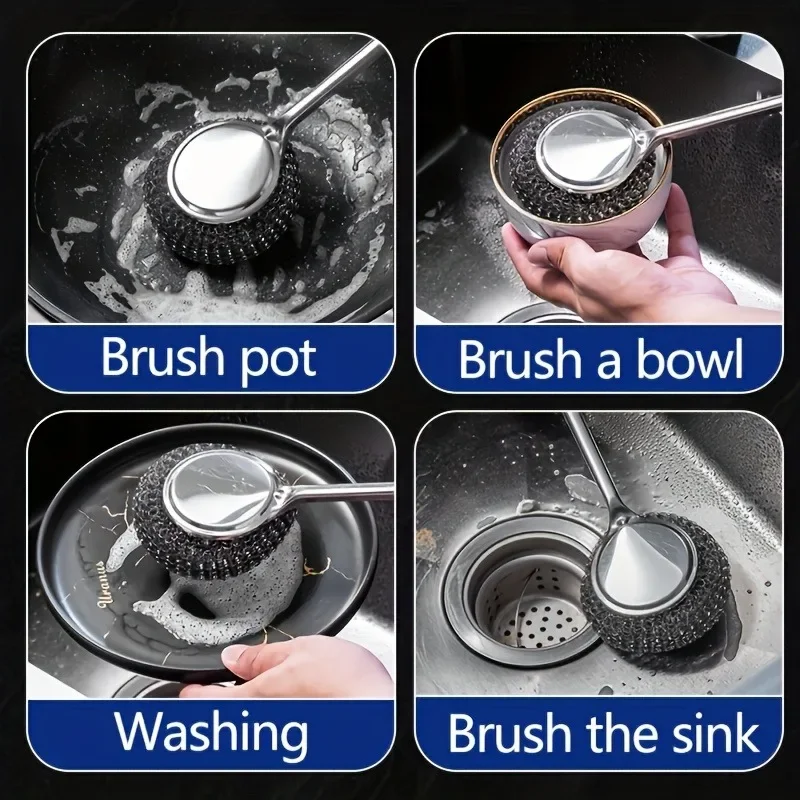 Stainless Steel Wire Brush with Long Handles Kitchen Replacement Steel Wool Wire Ball Dishwashing Brush Sink Countertop Cleaning 6