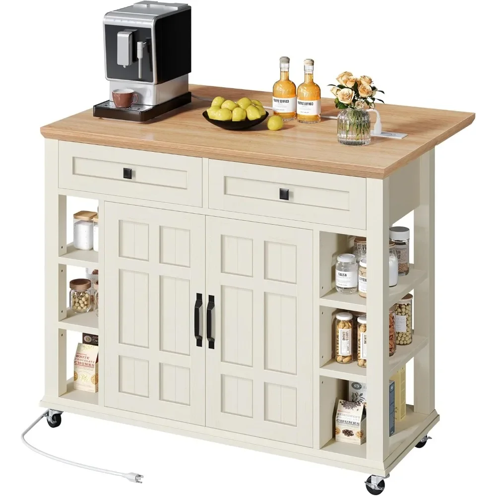 Rolling Kitchen Cart on Wheels Americana Kitchen Island Cabinet with Open Shelves Thicker Rubberwood Top Kitchen