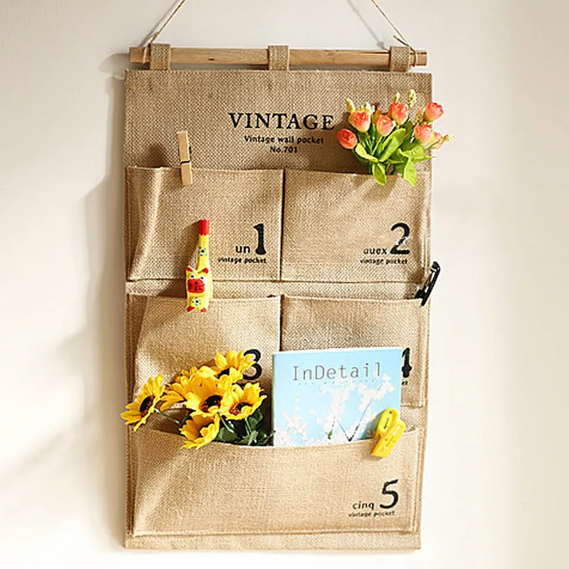 

56cm Wall Hanging Storage Closet Organizer Rose Flower Bouuqet Linen Cotton Fabric Vintage Bag Wooden Handle Home Decor