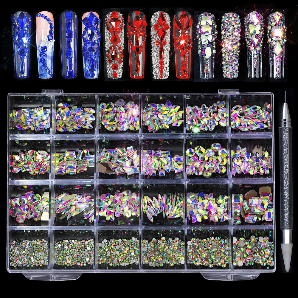 

Fashion Shiny Diamond Nail Art Rhinestones Kit Glass Crystal Nail Decorations Set with 1pcs Pick Up Pen In Grids Mixed 21 Shapes