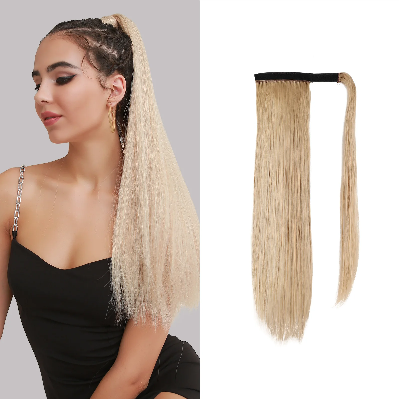 Long Straight Synthetic Ponytail Hair Extension Platinum Blonde Wrap Around Clip In Ponytail Heat Resistant Fibre Hair for Women