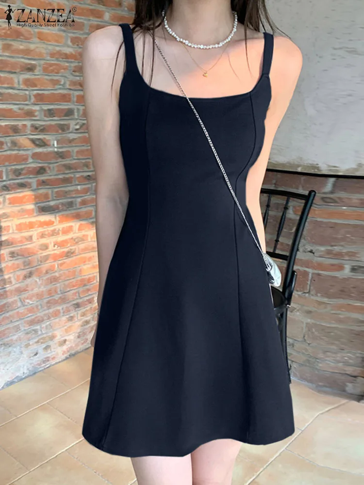 

ZANZEA Summer Sexy Spaghetti Strap Mini Dress Women Fashion Solid A-line Party Club Sundress Casual Female Beach Short Vestido