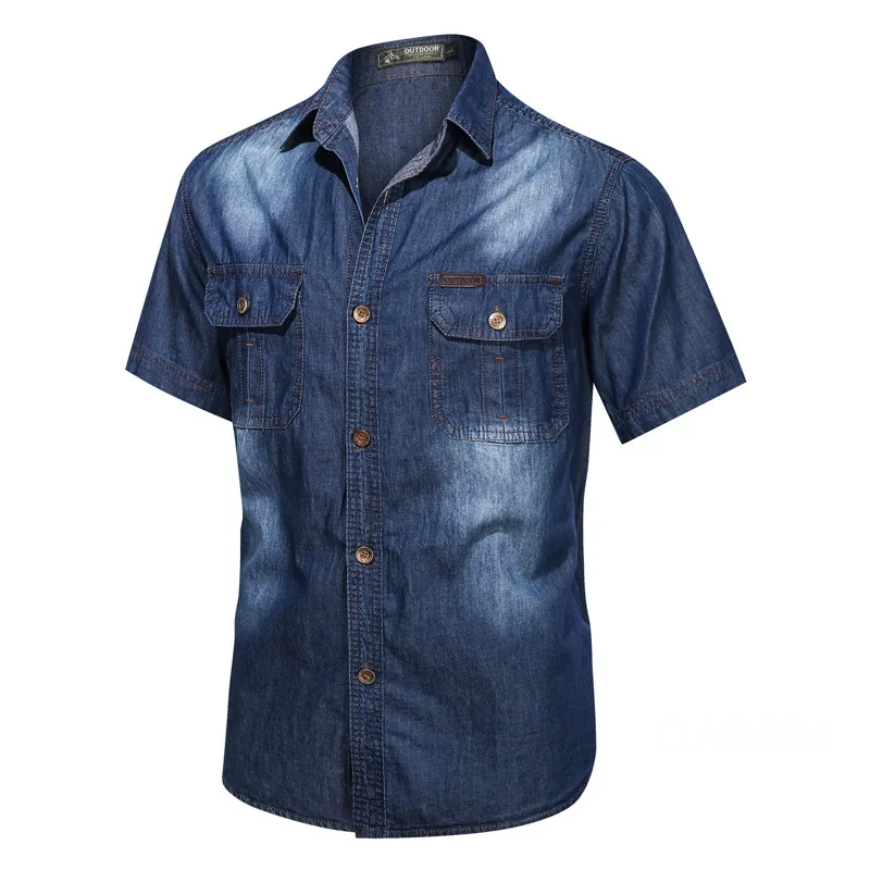 Denim shirt Men Short Sleeve Multi pockets Tooling 3