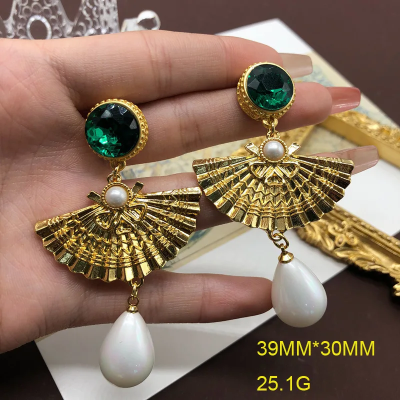 European and American retro water drop glass pendant fan shaped earrings