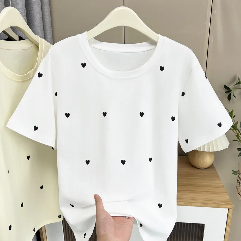 Plus Size Women's Top Summer New 100kg Simple With Small Fresh Love Printing Short Sleeve T-shirt 2246
