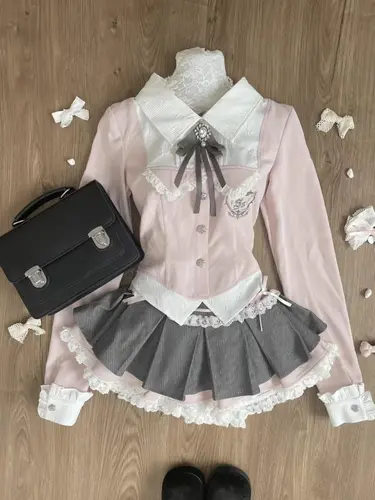 Japanese Sweet Preppy Style 2 Piece Set Women Kawaii Lace Patchwork Bow Tops + Y2k Plaid Mini Skirt Elegant Fashion Outifits New - Image 16