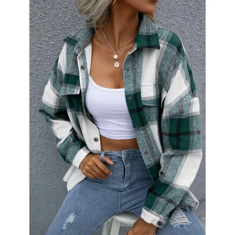 

LKSK 2023 Autumn Checkered Jacket Women Winter Plaid Jacket Overshirt Ladies Warm Thicken Button Shirt Jacket Coat Women