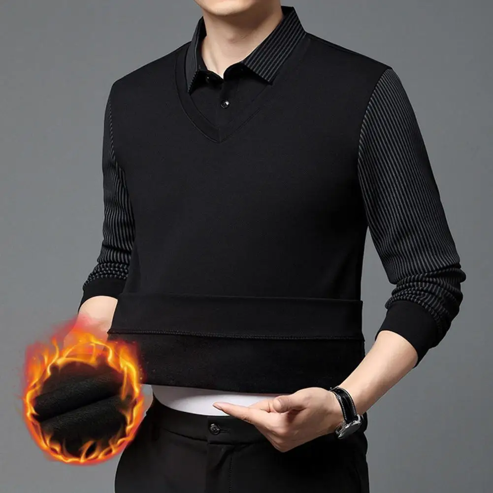 남성용 가짜 투피스 라펠 스트라이프 풀오버, 슬림핏 플러시, 따뜻한 니트, 부드러운 의류, 포멀 비즈니스, 가을, 겨울