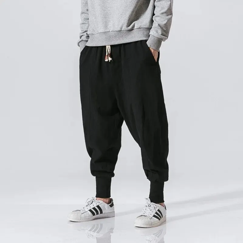  Cotton Linen Harem Pants Solid Elastic Waist Joggers Casual Oversize Trousers Men 