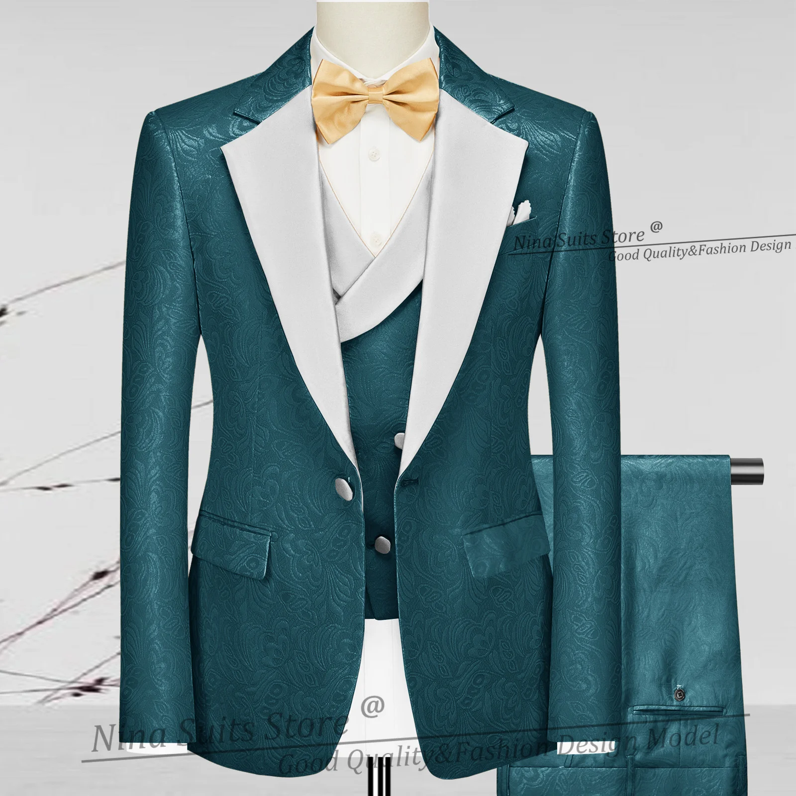 G&N Colorful Jacqaurd Costume for Men 3 Piece Set Sky Blue Paisley Blazer Trousers Waistcoat Groom Party Tuxedo White Lapel