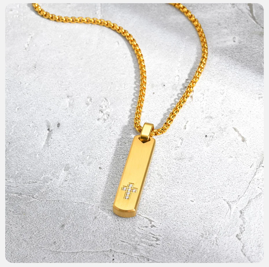 Vnox Vertikal-Bar-Anhänger aus Edelstahl mit Zirkon-Kreuz-Halsketten für Männer, dickes, mattes Metall, schlankes Erkennungsmarken, einfaches Glaube-Geschenk – Detail 8