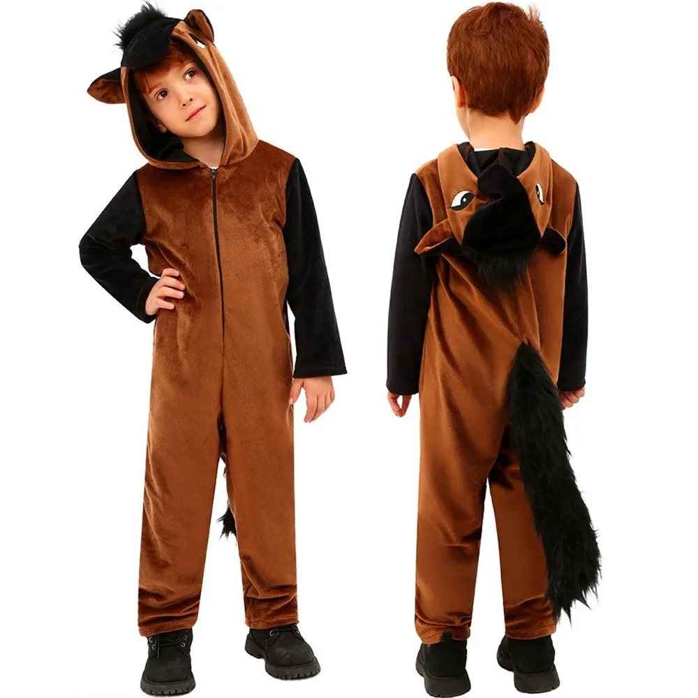 

Kid Brown Horse Cosplay Jumpsuit Boys Girls Winter Unisex Santa Claus Pajamas Sets Sleepwear Halloween Carnival Party Costume