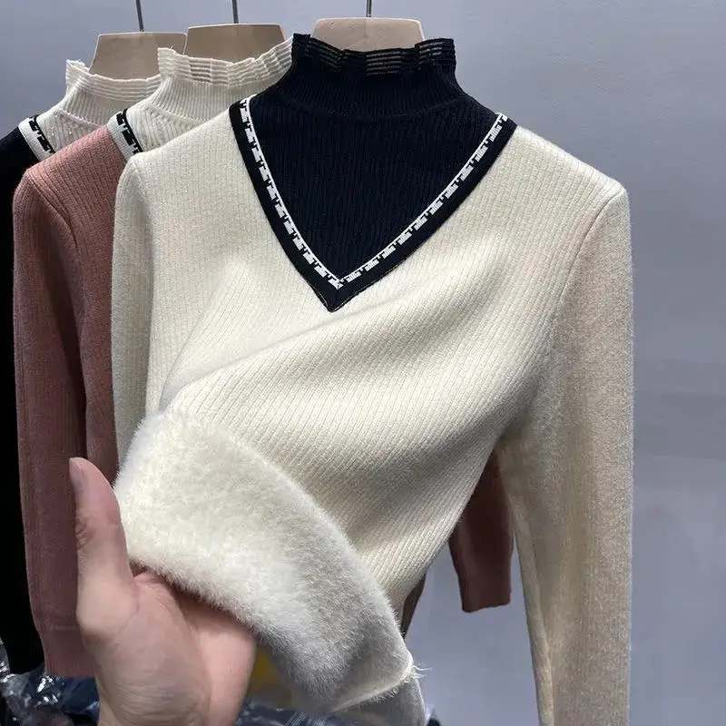 

Winter Turtleneck Thicken Velvet Lined Sweater Knitted Women Soft Sweaters Elegant Pullover Fashion Mujer Warm Sweter U1172