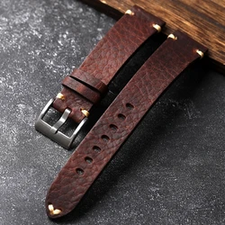 Vintage Men's Handmade Genuine Leather Watchband, Old Brown Black, Soft First Layer Cowhide Bracelet - 22mm (Maroon)
