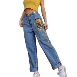 Calças de brim de carga feminina impresso em linha reta perna denim baggy calças causal solto cintura alta namorado calças de brim comprimento total todos os jogo