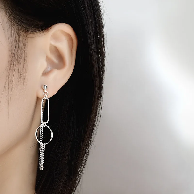 CIAXY Silver Color Asymmetrical Earrings for Women Geometric Round Pendant Ear Line Earring Punk Hip Hop Jewelry