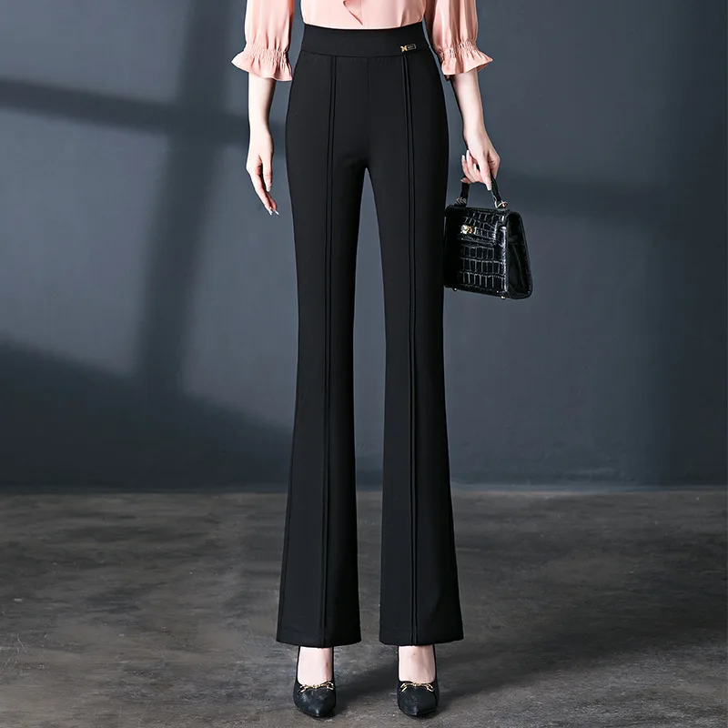 2025 Spring New Versatile High-waisted Fishtail Flare Pants Women, Coffee Elastic Waist Elastic Commuter Casual Trousers Femme 5