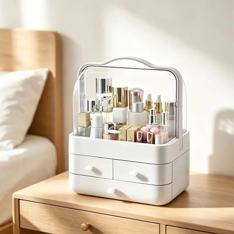 Elegant Dustproof Makeup Organizer with Portable Handle - Large Capacity Cosmetic and Jewelry Storage Box