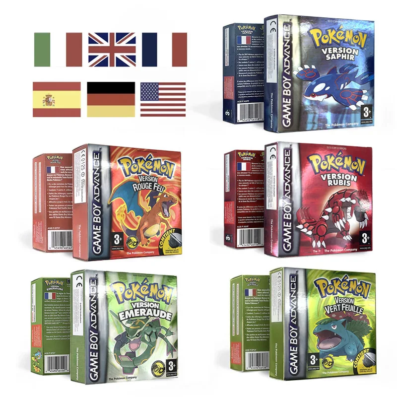 EUR ESP ITA USA NOE FRA Pokemon sapphire ruby emerald firered leafgreen Metallic Holographic trey BOX for GBA Multi-language