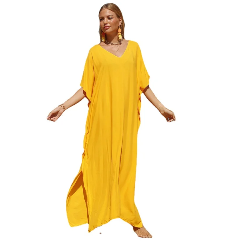 Solid Color Deep V Neck  Sexy Women Beach Swimsuit Cover-Ups Long Loose Cover Up Beach Dress Bikini Cover Up Bohemia Women's Be