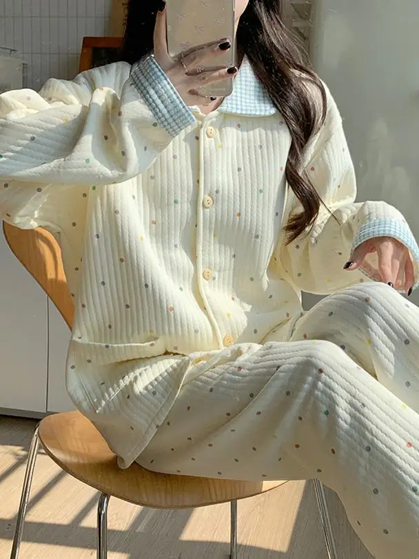 Thiened Cotton Spwear Women's Long Sve Polka Dot Printed Air Cotton Pajamas Set Warm Home Clothes Loose Fit Autumn Wi...