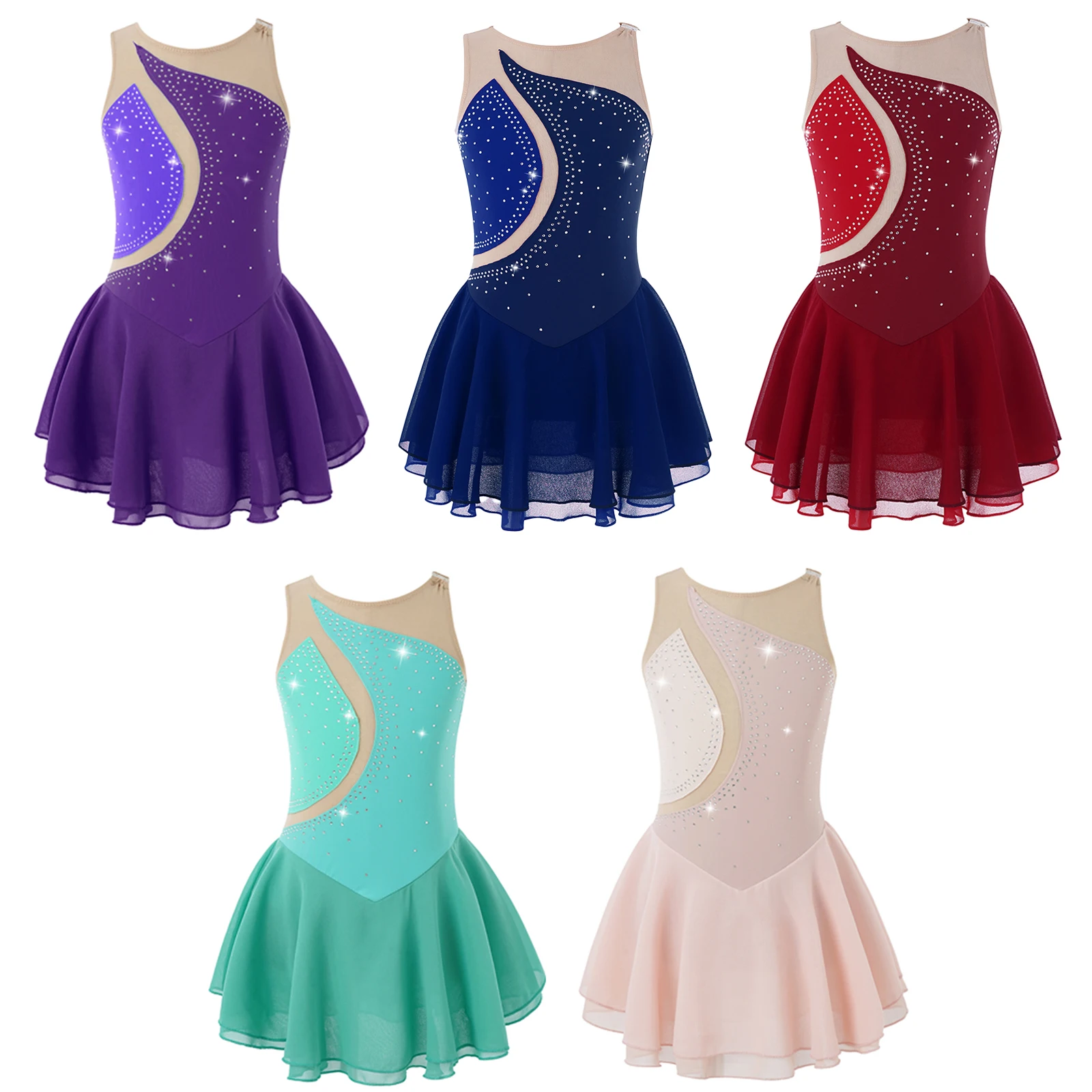 Kinder Mädchen Mesh Splice Strass Eiskunstlauf Kleid Ballett Tanz Bühne Leistung Tanz Kostüme – Detail 1