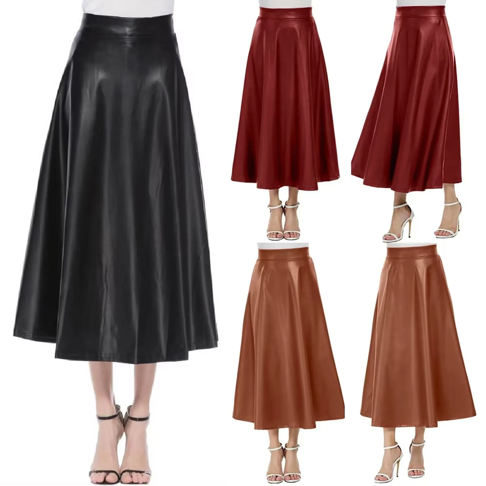 

Fashion Women Pleated A-Line Skirt New Autumn Winter High Waist Pu Leather Skirts Solid Chic Umbrella Office Skirts Female Dress