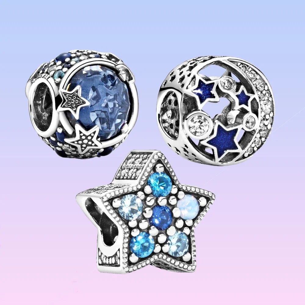 

Pandora Heavenly Blue Glittering Stars Charm Beads 925 Sterling Silver fit Original Bracelet DIY Jewelry for Women Birthday Gift