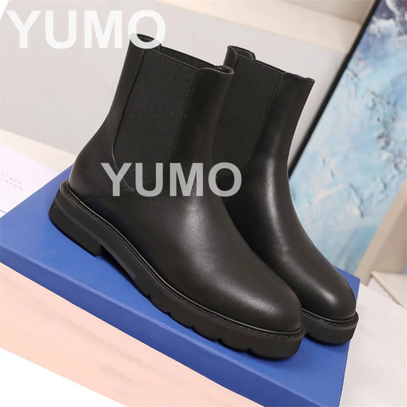 

2023 New Women Round Toe Genuine Leather Slip On Short Boots Size 41 Concise Fashion Outdoor Runway Short Boots High Quality