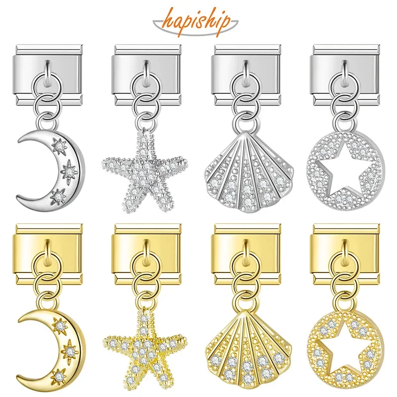 Hapiship 2023 New Daisy Fashion Moon Star Shell Dazzling CZ Italian Charm Links Fit 9mm Bracelet Jewelry DIY Making DJ620