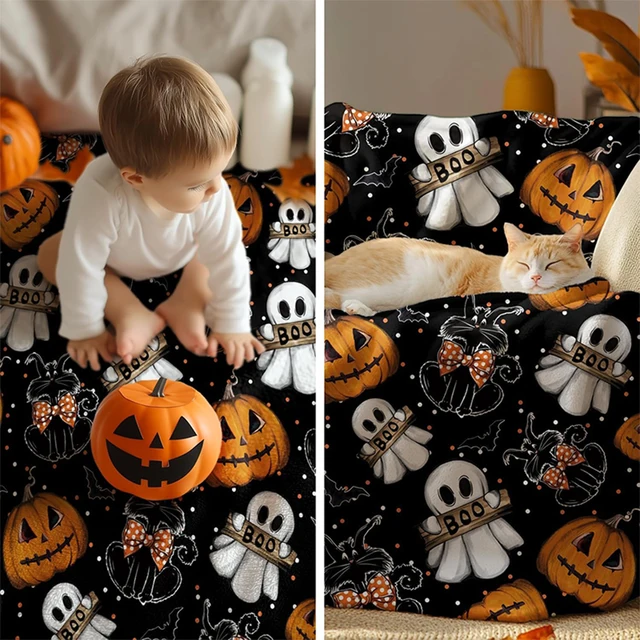 Couverture effrayante d'Halloween : fantômes, citrouilles et chauve-souris pour les soirées confortables! Couverture en flanelle, douce et confortable, cadeau 3