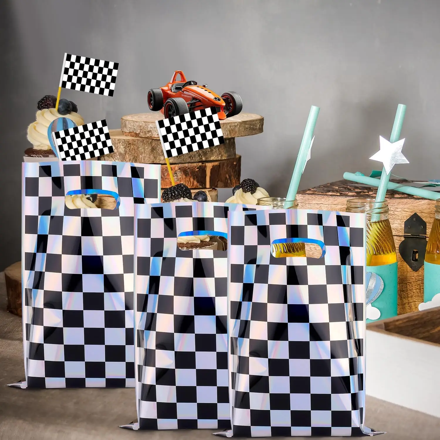 Race Car Party Favor Gift Bag Disco Shiny Iridescent Laser Candy Treat Bag Holographic Black and White Checker Goodie Loot Bag 6