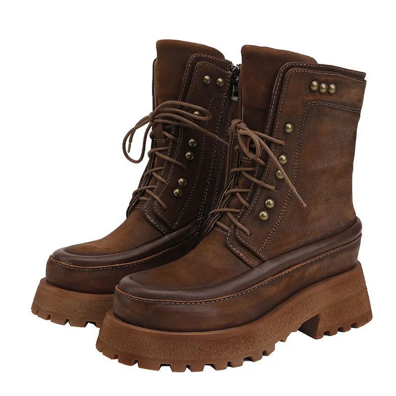 

Birkuir Genuine Leather Thick Heel Long Boots For Women Punk Boots Side Zippers Metal Luxury Shoes Ladies Ankle High Heel Boots