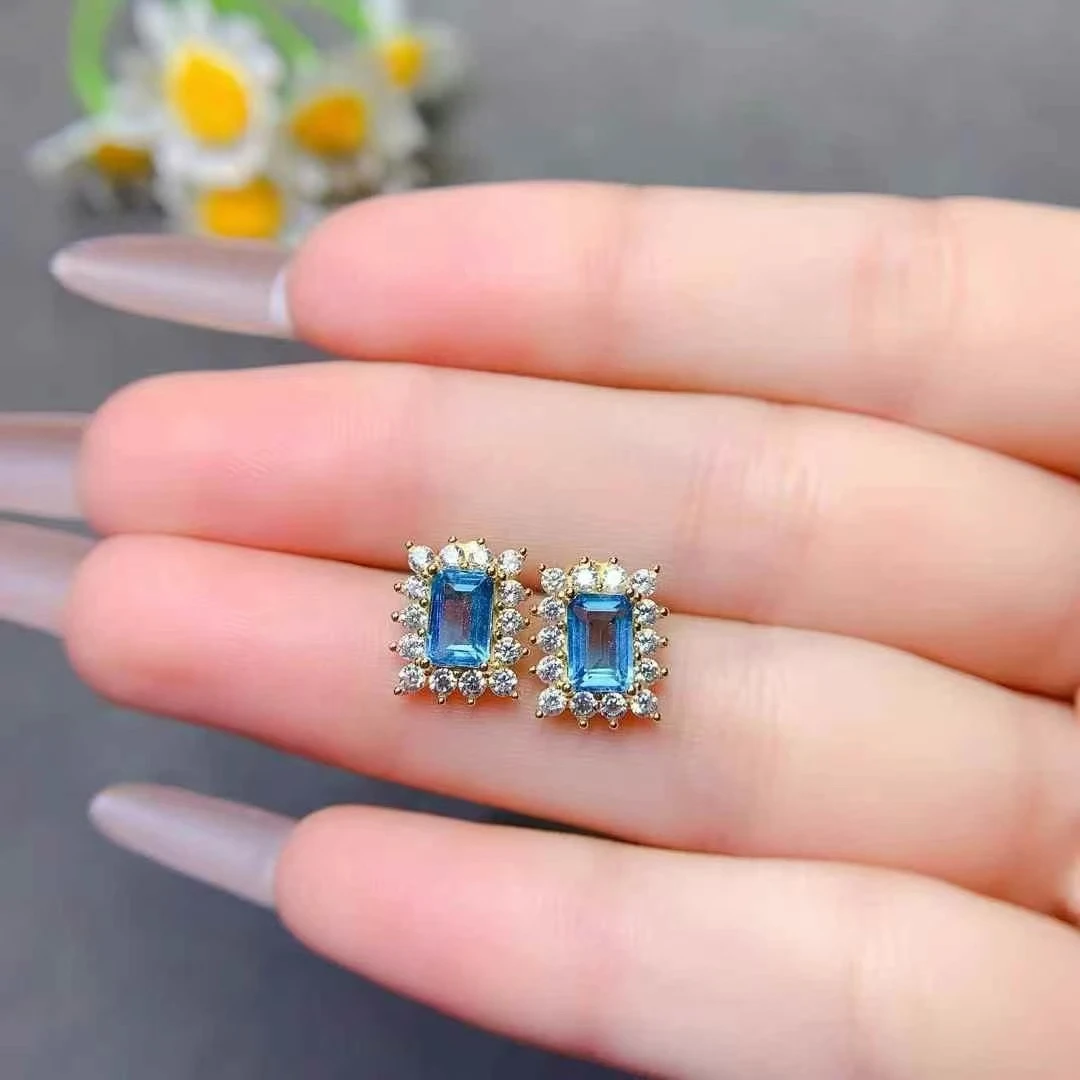 Klassische herzförmige Ohrstecker, 6 mm, natürlicher Topas-Ohrringe, massiver 925er Silber, Londoner Blautopas mit vergoldetem Schmuck – Detail 4