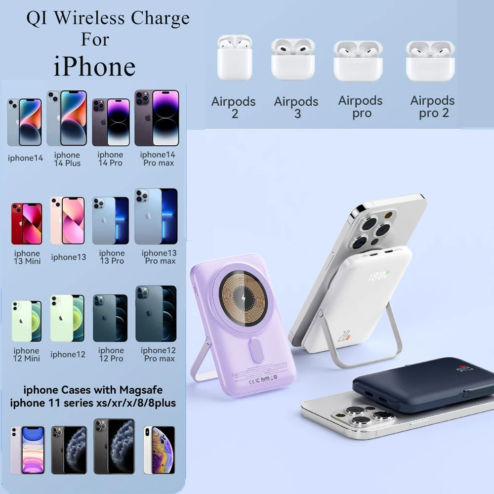 PD20W 10000mAh Power bank For Magsafe Wireless Charger Power Banks Fast Charge External Battery With Bracket For iPhone 15 14 13 6