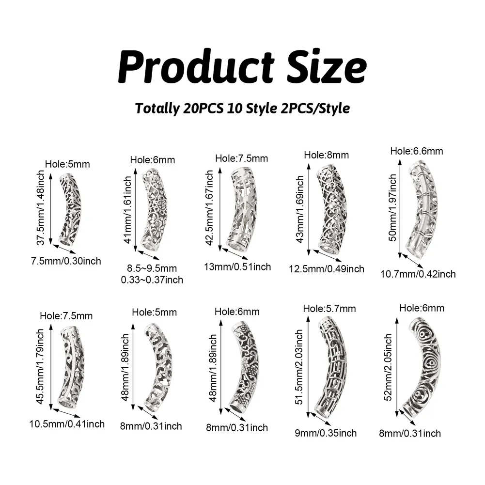 20pcs Curved Noodle Tube Alloy Spacer Beads Tibetan Style Antique Silver Color Hollow Tube Beads for DIY Jewelry Craft Making