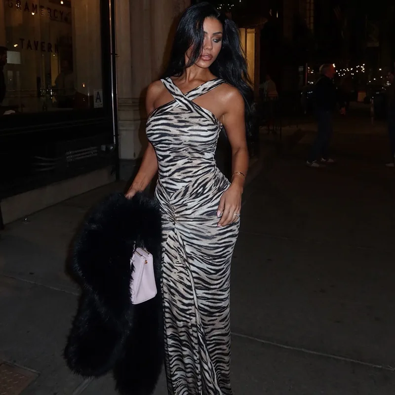 Damen Zebra-Print Bodycon Maxikleid mit Kreuzträgern, Neckholder, Ärmellos, Rückenfrei, Figurbetont, Langes Partykleid, Nachtclub-Streetwear