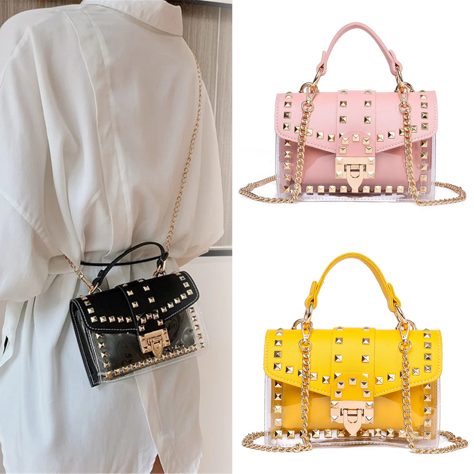 

Women PVC Chains Shoulder Bag Female Rivet Design Ladies Casual Flap Small Crossbody Bag Streetwear Vintage Solid Hasp Handbags