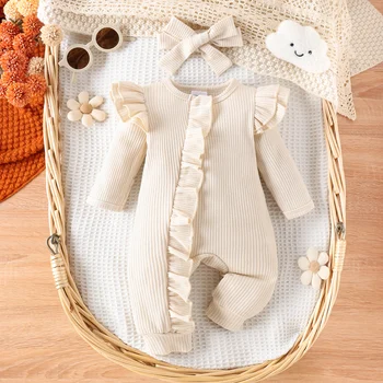 2PCS Autumn New Style 0-1 Year Old Girl Baby Sweet And Cute Solid Color Flying Sleeve Waffle Long-Sleeved Jumpsuit + Hair Band 3