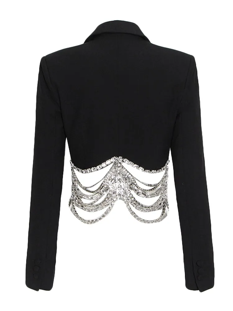 KBQ Elegant Spliced Diamonds Blazer For Women Notched Collar Long Sleeve Solid Slimming Luxury Crop Blazers Female Fashion New