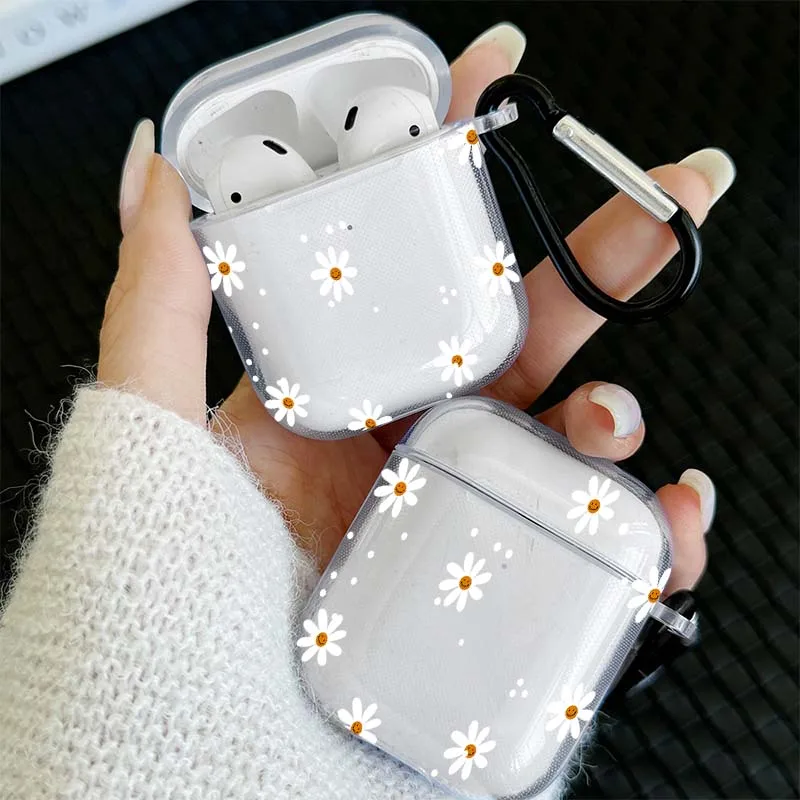 Transparent TPU Flower Pattern Wireless Bluetooth Case with Hook - Protective Cover